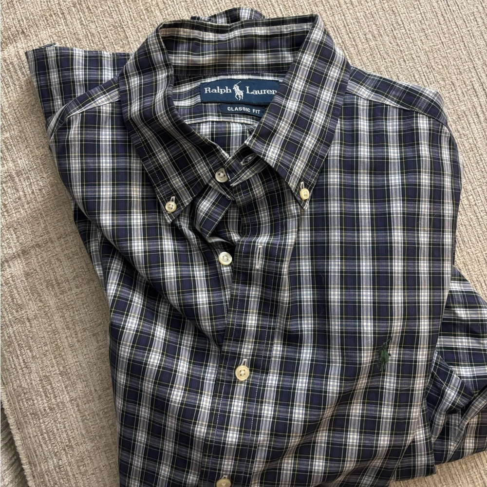 Ralph Lauren Men's Navy and White Checkered Shirt